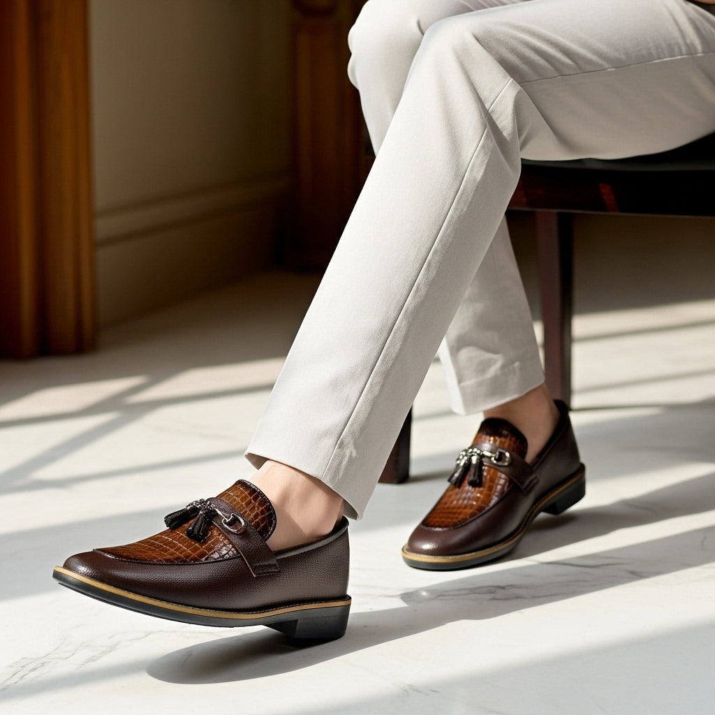 Handmade Stitched Alligator Textured Dark Brown Premium Leather Loafers: Slip-On Dress Shoes